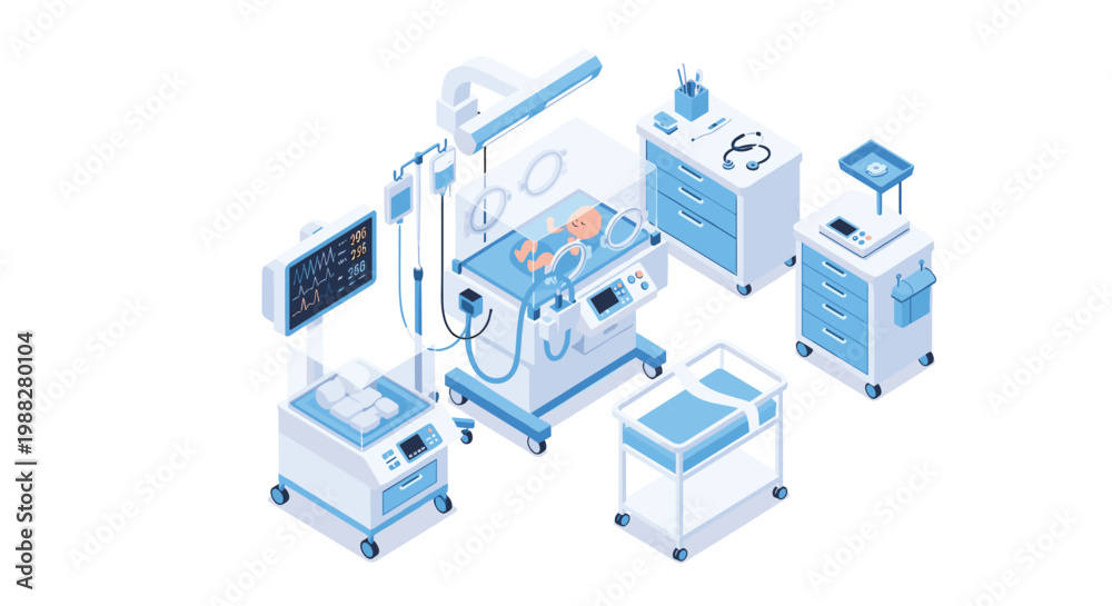 Fototapeta premium Pristine isometric medical scene showcases a newborn baby resting inside a high-tech incubator surrounded by advanced life support monitors and storage.