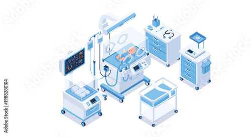 Pristine isometric medical scene showcases a newborn baby resting inside a high-tech incubator surrounded by advanced life support monitors and storage.