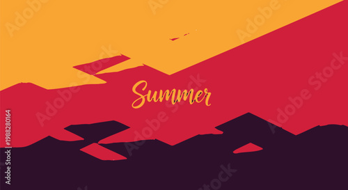 Summer landscape, sunset scenery, orange red mountains, vector illustration