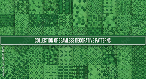Collection of seamless decorative patterns in green with patterns, seamless