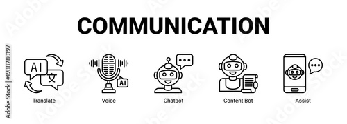  Communication web banner icon concept, with Translate , Voice , Chatbot, Content Bot.