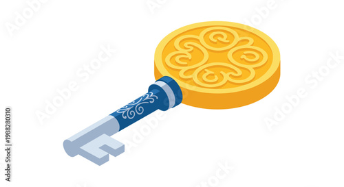 A luxurious golden key with an intricate filigree circular head and a blue patterned neck lies horizontally across a clean white background in isometric perspective.