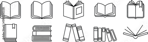 Collection of minimalist book icons featuring open pages stacked volumes library symbols and reading academic literature elements in thin line style.