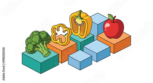 A crisp green broccoli head and a sliced yellow bell pepper sit on vibrant blue and orange blocks next to a shiny red apple fruit in a clean isometric scene.