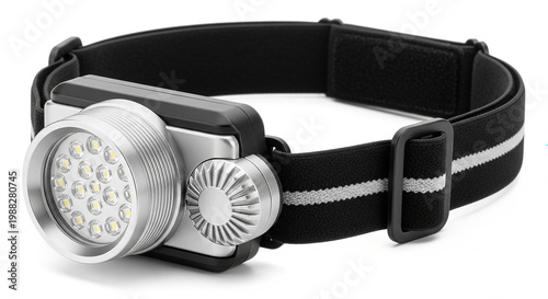 black headlamp with white light on white background