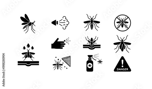 Mosquito and Insect Repellent Icon Set with Spray, Warning and Protection Symbols for Pest Control Design, Health Safety Concepts and Bug Prevention Illustration