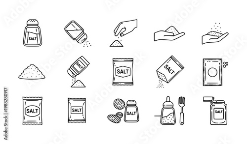 Salt Outline Icon Set with Shaker, Packet, Hand Sprinkle and Powder Variations for Cooking Ingredients Design, Kitchen Graphics and Culinary Illustration Elements