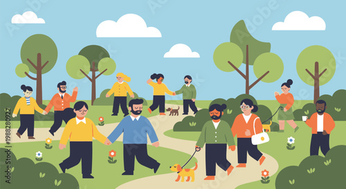 People walking with dogs in a park on a sunny day outdoors
