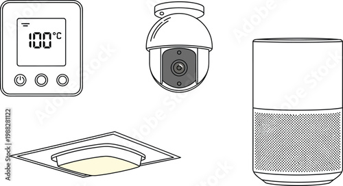 Smart Home Gadget Illustration: A set of smart home gadgets including a thermostat, security camera, smart speaker, and light, all working together for automated home management.