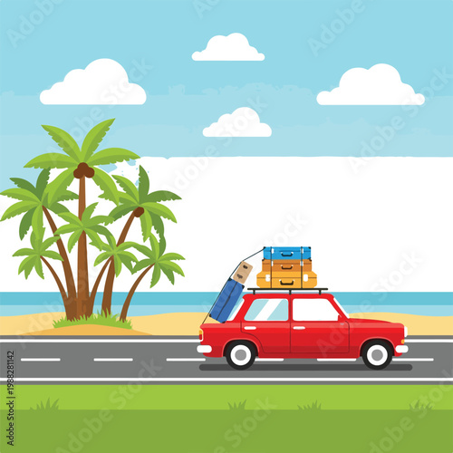 A family travels in a cartoon vector automobile,driving through a summer landscape from the city road to the sunny beach for a nature holiday vacationA family travels in a cartoon vector automobile,dr