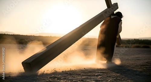 Jesus carrying the cross through a dusty path, symbolizing sacrifice and the journey to crucifixion.
