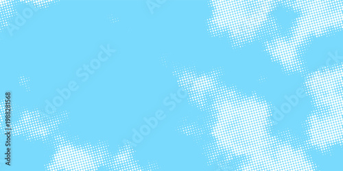 Halftone cloud background. White dotted clouds in blue sky. Comic pop art heaven wallpaper for banner, brochure, collage, poster, leaflet. Rasterized smoke, smog or fog texture. Vector illustration