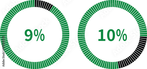 Business and finance infographic elements with charts, arrows, percentage circles and growth graphs in green and blue colors on white background, ideal for data visualization designs.