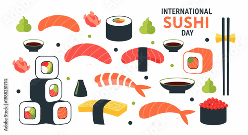 A vibrant illustration of various sushi pieces and rolls on a plate for International Sushi Day celebration
