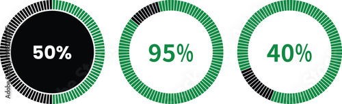 Business and finance infographic elements with charts, arrows, percentage circles and growth graphs in green and blue colors on white background, ideal for data visualization designs.