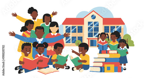 Children are reading and playing outside school building with teachers