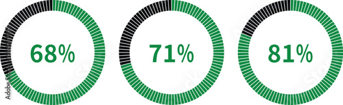Business and finance infographic elements with charts, arrows, percentage circles and growth graphs in green and blue colors on white background, ideal for data visualization designs.