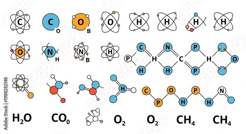 Various Chemical Molecules and Atomic Structures Illustrated.