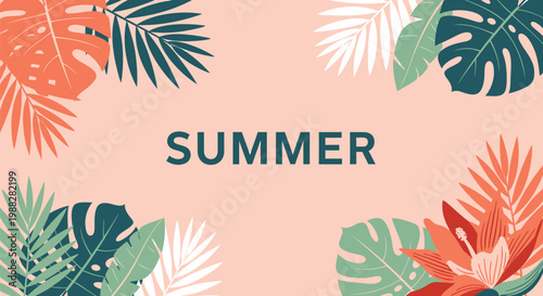 Summer, tropical leaves, monstera, palm, vector illustration, seasonal background