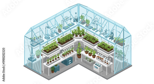 L-shaped glass greenhouse interior is meticulously filled with rows of potted plants and scientific laboratory equipment in a clean isometric perspective.