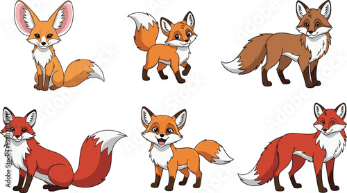 Fox Cartoon Collection with Cute Red Fox Characters in Different Poses for Wildlife, Forest, Nature, and Kids Design