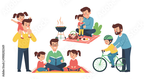 Family having picnic in park with barbecue and children playing