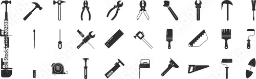 Comprehensive set of black construction tool icons including hammers pliers wrenches screwdrivers saws and measuring equipment for professional carpentry and renovation.