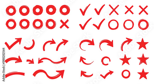 Set of various symbols and icons in red color on white background with symbolism