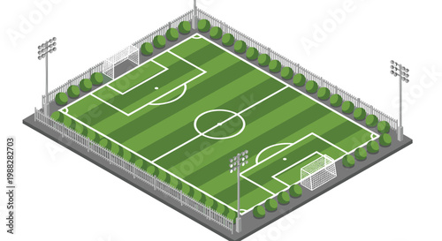 An isometric soccer stadium view shows a green pitch enclosed by a white fence and floodlights with small green spherical bushes along the perimeter.
