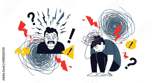 Two people experiencing emotions stress and anxiety in a chaotic environment