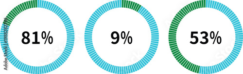 Business and finance infographic elements with charts, arrows, percentage circles and growth graphs in green and blue colors on white background, ideal for data visualization designs.