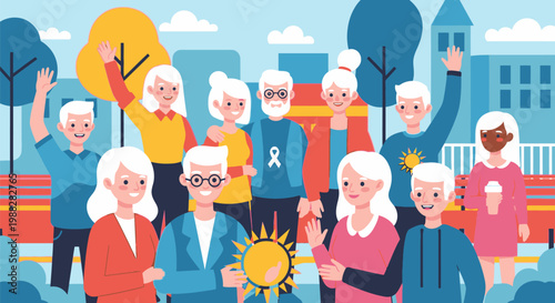 Elderly people celebrate together outdoors in a city park on a sunny day