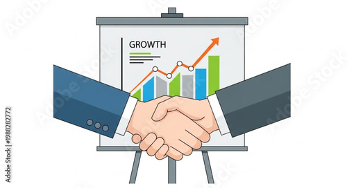 Business handshake in front of growth chart presentation.