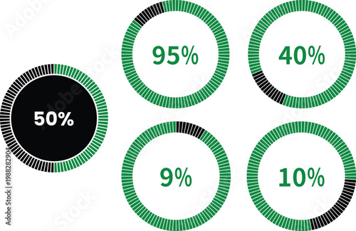 Business and finance infographic elements with charts, arrows, percentage circles and growth graphs in green and blue colors on white background, ideal for data visualization designs.