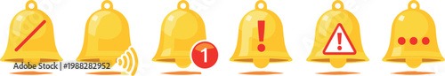 Cartoon Yellow Alarm Bells with Notification Symbols for Alerts, Warnings, and Communication Design Themes