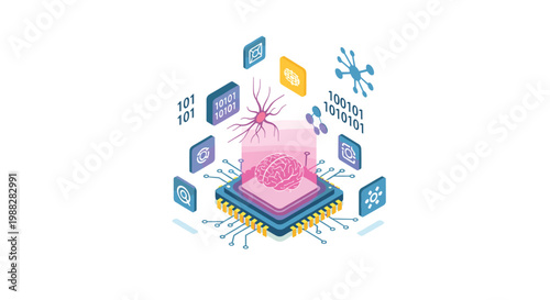 A sophisticated isometric microchip design showcasing a central brain and a detailed floating neuron structure surrounded by binary code and network node symbols.