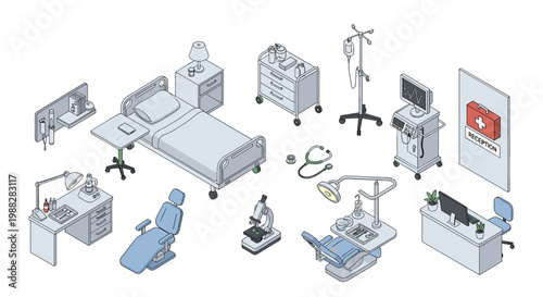 A comprehensive isometric collection of medical equipment including a hospital bed and diagnostic tools arranged neatly on a pristine white background surface.