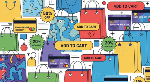 Digital Shopping Spree: A vibrant illustration showcasing an array of shopping bags and credit cards, all set against a clean backdrop, and offering tantalizing discounts. 