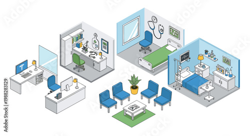 Detailed isometric illustrations of various hospital departments including a laboratory and patient rooms featuring vibrant green and blue color accents throughout the scene.