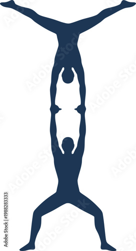 Two acrobats balanced in a dynamic pose, forming an inverted reflection. Sport, strength, and cooperation concept vector illustration