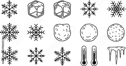 Flat vector icons of winter and cold elements, including snowflakes, ice cubes, snowballs, thermometers, and icicles,, isolated on white background
