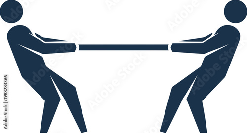 Two men pulling rope in a tug of war game, symbolizing competition, teamwork, and conflict in business. Simple flat vector illustration