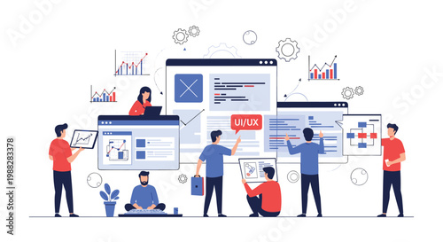 A diverse team of creative designers works collaboratively on large floating website wireframes and colorful analytical data charts in a clean workspace.