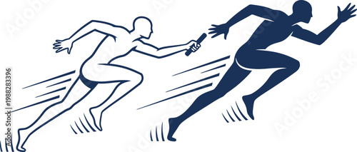 Two men passing a baton in a relay race, one in silhouette and one in outline. Teamwork and competition concept. Sports vector illustration