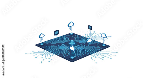 Vibrant blue light pulses through a complex dark circuit board featuring multiple cloud computing symbols and glowing data transfer pathways on a white base.