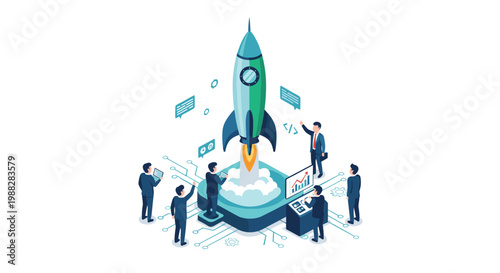 Meticulous business experts monitor a powerful rocket launch from a high-tech platform featuring intricate circuit patterns and advanced data control screens.
