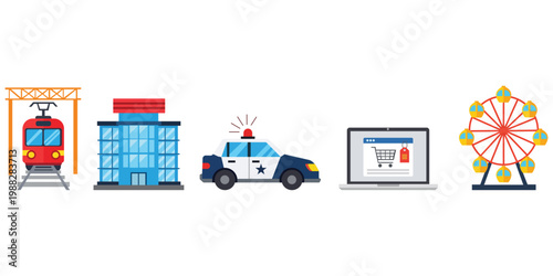 Urban Icons: A collection of vibrant icons representing elements of a cityscape, from public transport and civic buildings to modern technology and leisure activities.