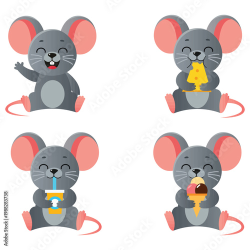 Cheerful Mouse Character Set: Delightful illustrations of a cute cartoon mouse, engaging in various charming activities, including eating cheese, enjoying a beverage, savoring ice cream.