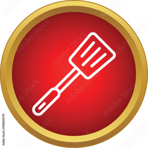 White outline spatula representing cooking and food preparation on a red and gold button