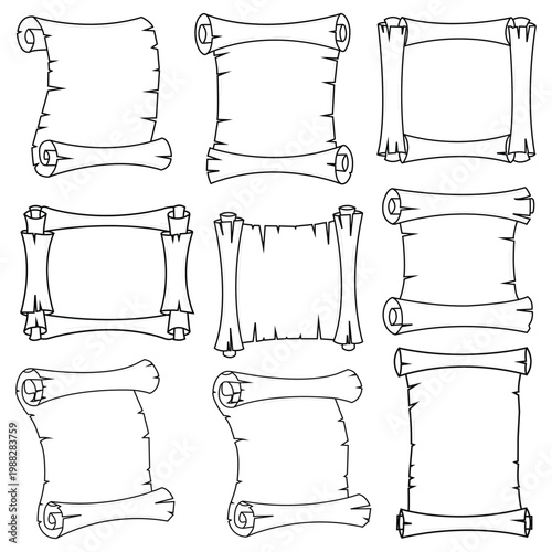 Antique Scrolls and Documents: A collection of vintage scrolls, each with a unique shape, awaits your personalized message or historic design.